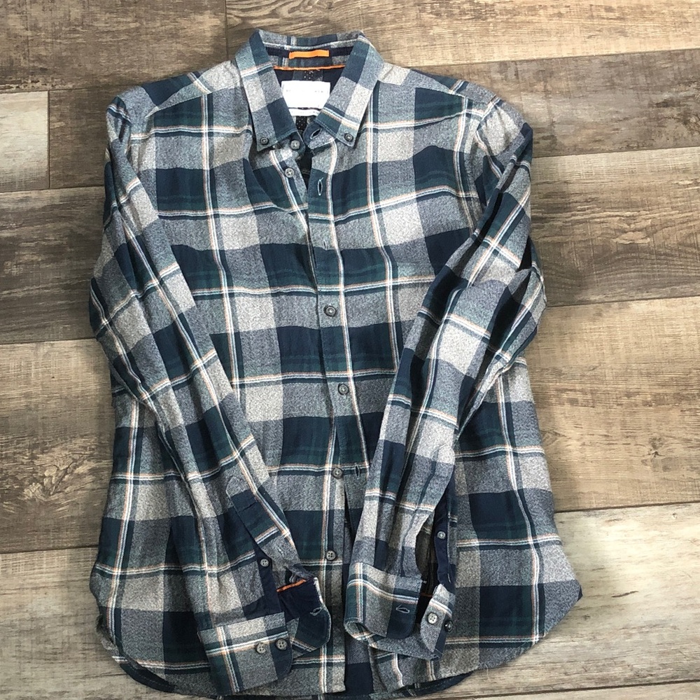 Denim & Flower Plaid Button-Up in Navy, Gray and Teal with Orange Accents